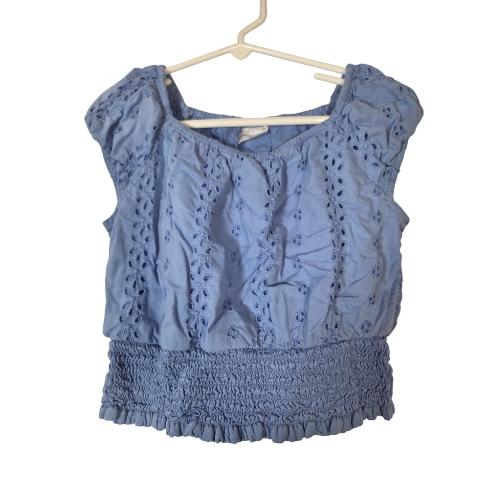 Abercrombie Kids Eyelet‎ Top Girls 7/8 Blue Smocked Waist Boho Peasant Blouse